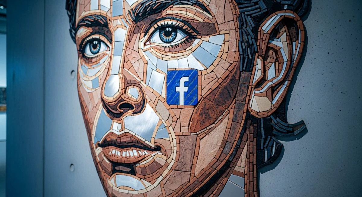 Mural de mosaico con rostro humano andrógino en galería minimalista con logo de Facebook