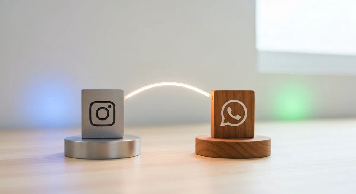 Naturaleza muerta de escritorio minimalista con glifos Instagram y WhatsApp