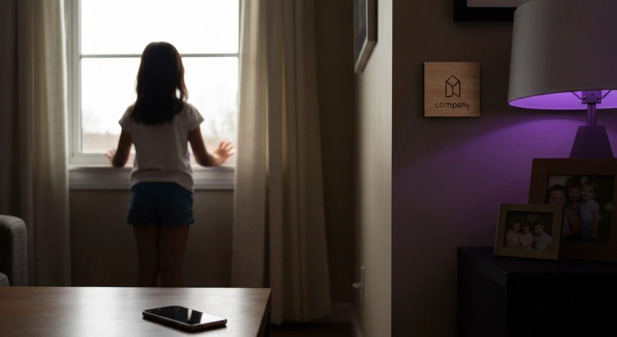 Niña de espaldas frente a ventana iluminada y logo grabado