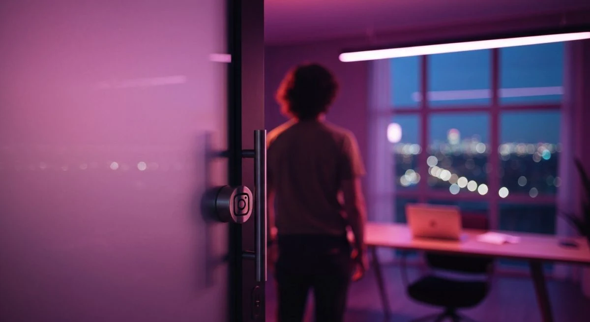 Observador solitario en estudio minimalista con logo Instagram grabado