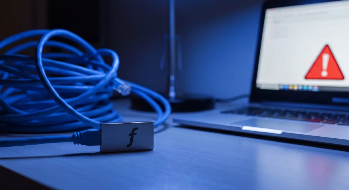 Oficina desordenada con laptop cables azules y hub USB f