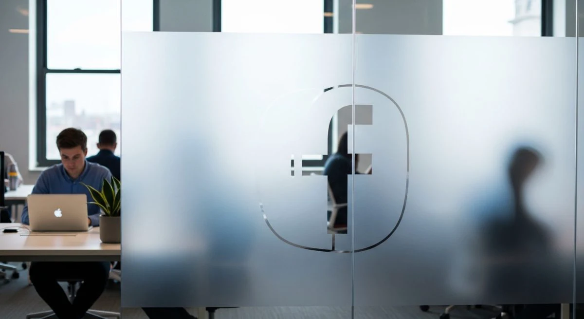 Oficina moderna con pared de vidrio esmerilado y logo Facebook.