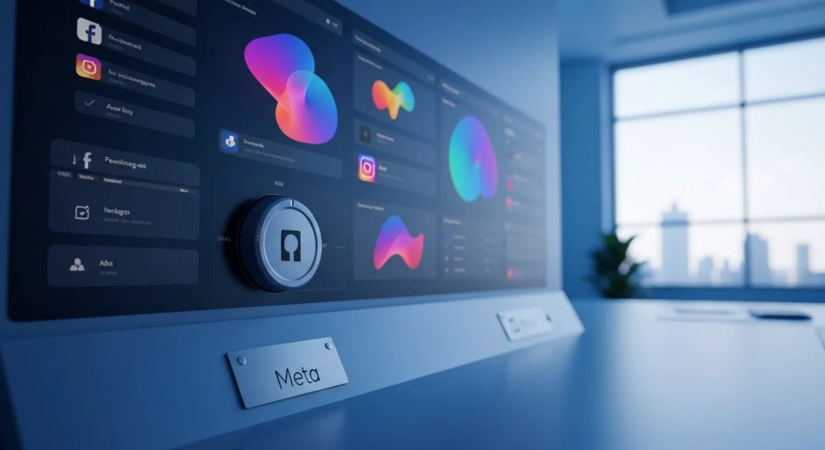 Panel de control futurista Meta con Facebook e Instagram hologramas