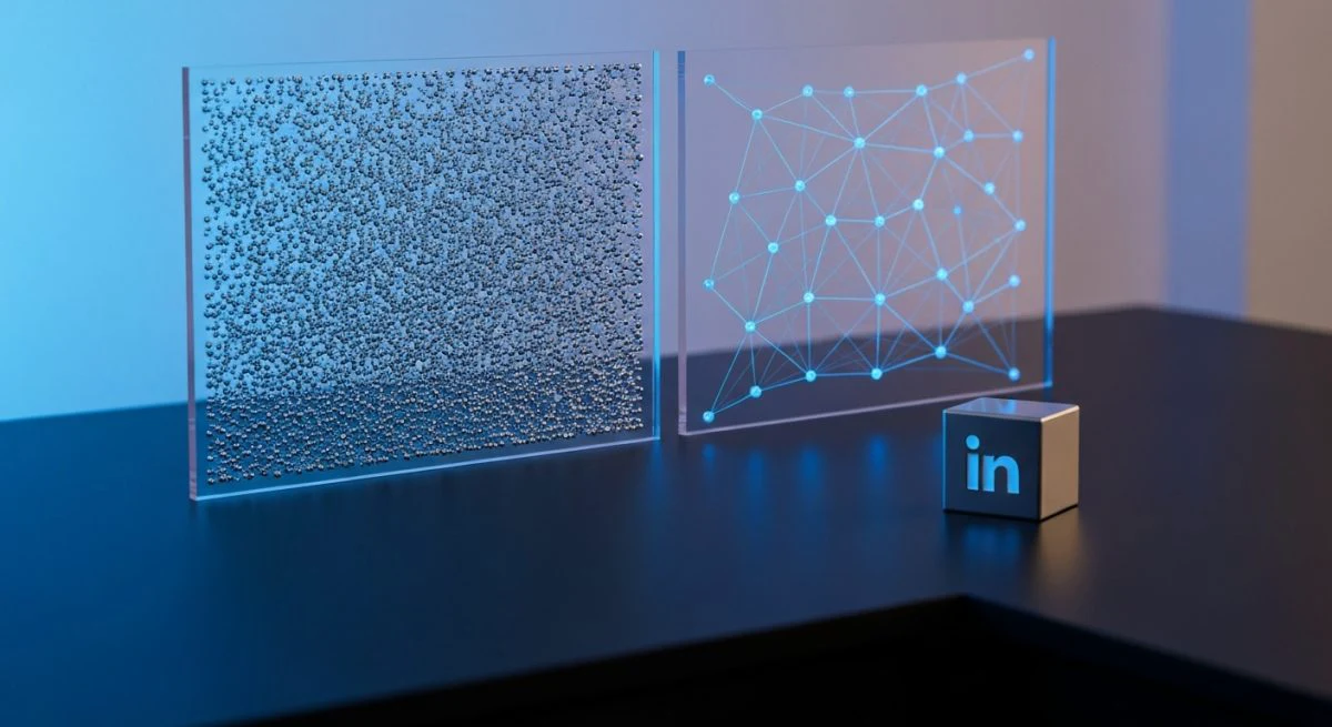 Paneles acrílicos translúcidos sobre escritorio negro minimalista con logotipo LinkedIn