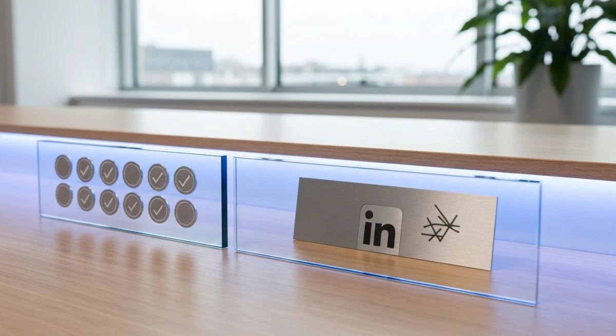 Paneles de vidrio templado con placa LinkedIn junto a fichas
