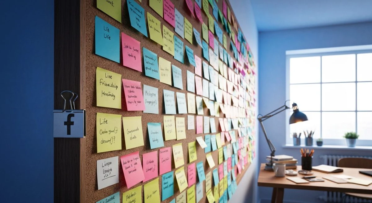 Pared de notas adhesivas codificadas por color con logo Facebook