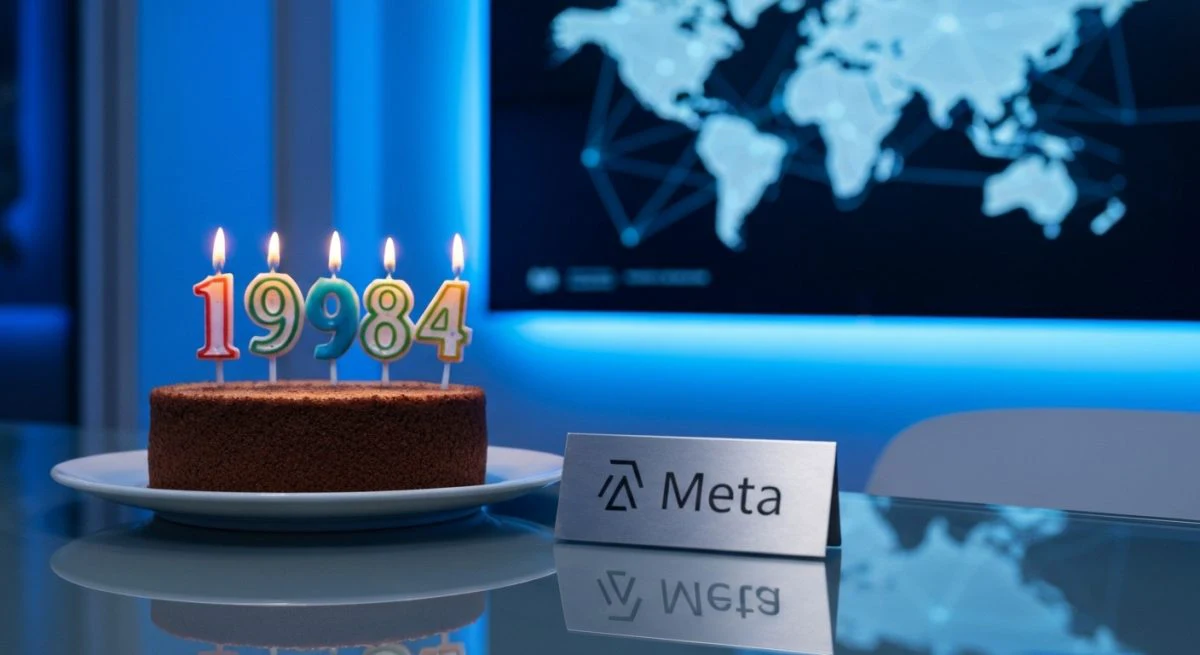 Pastel de cumpleaños con velas 1984 y placa Meta metal