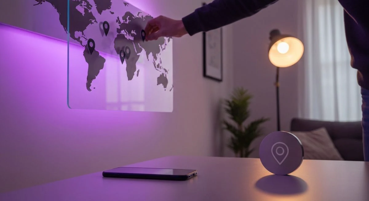 Persona ajusta mapa mundial pared oculta pines smartphone boca abajo