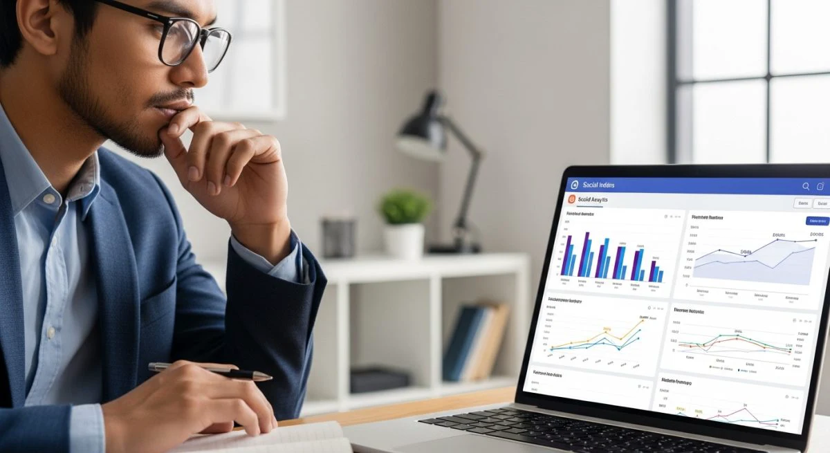 Persona analizando gráficos de redes sociales en portátil