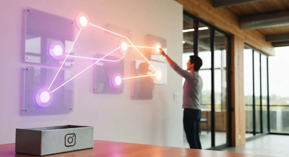Persona ante diagrama tridimensional de Instagram Groups en coworking moderno
