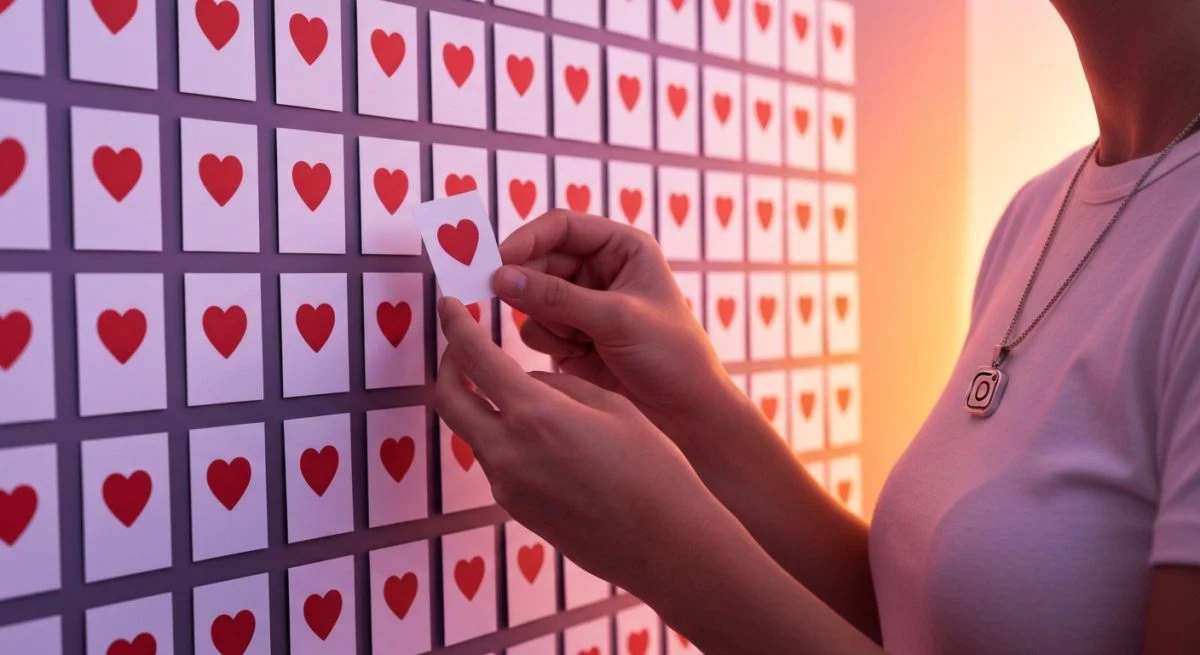 Persona ante muro de corazones rojo eliminando me gusta Instagram