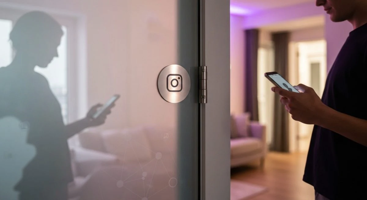 Persona con smartphone frente a puerta de vidrio Instagram grabado