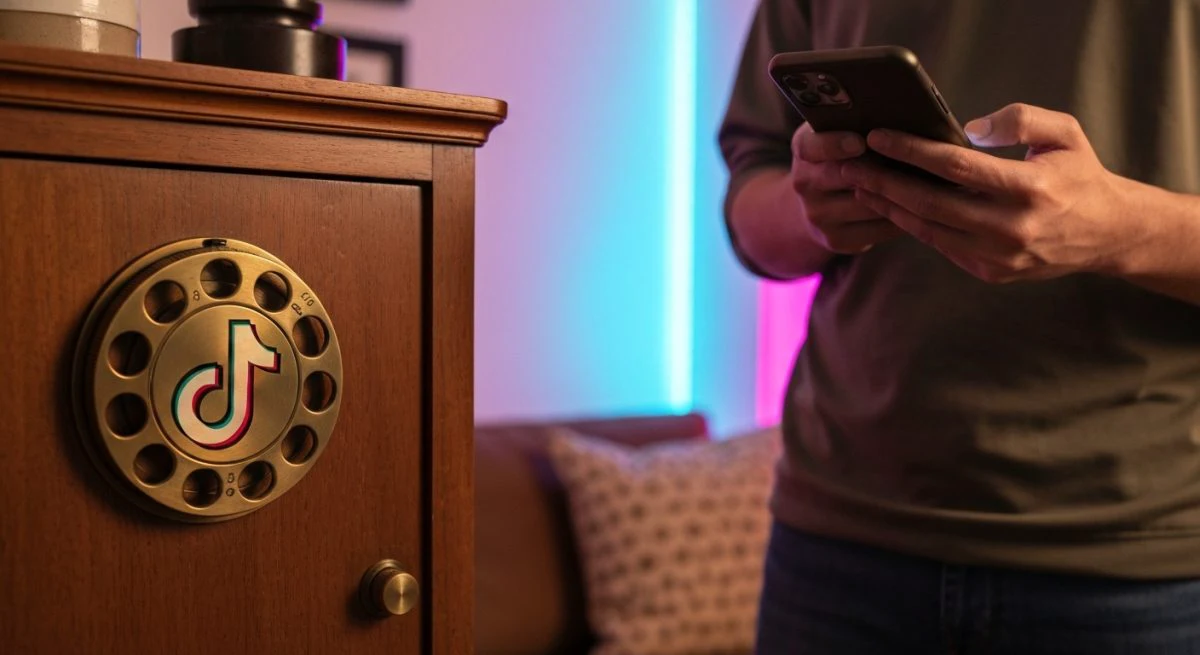 Persona con teléfono frente a mueble vintage con dial TikTok