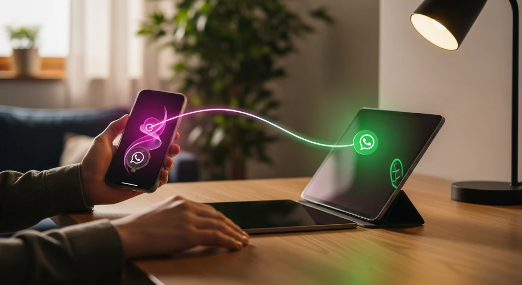 Persona con teléfono y tableta comparte TikTok a WhatsApp luz