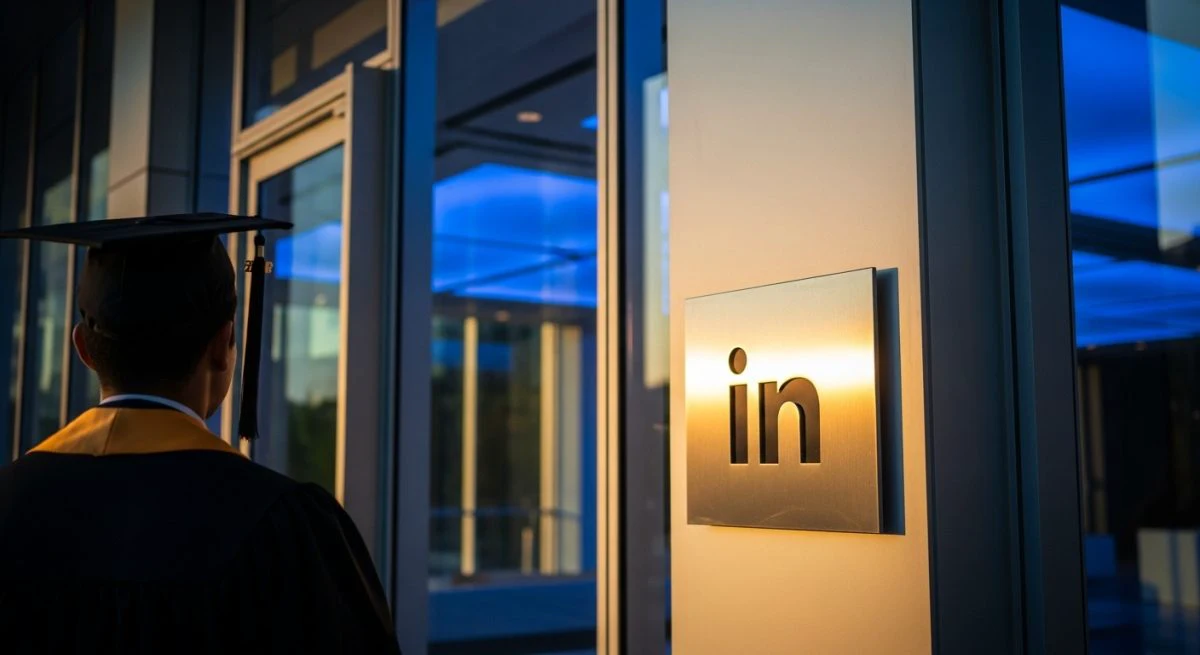 Persona de espaldas con gorro y toga de graduación junto a logo de LinkedIn