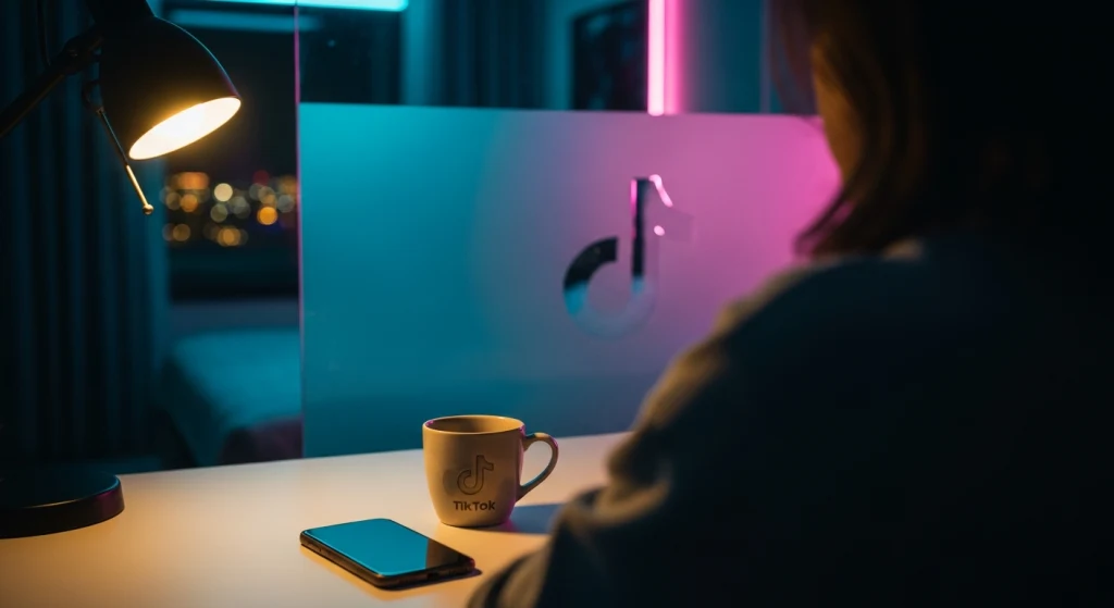 Persona de espaldas en escritorio observa teléfono con taza TikTok