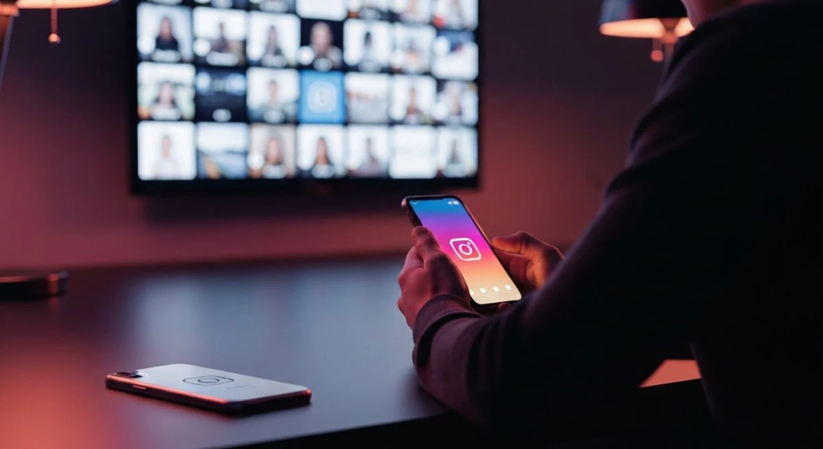 Persona de espaldas en escritorio sosteniendo smartphone logo Instagram grabado