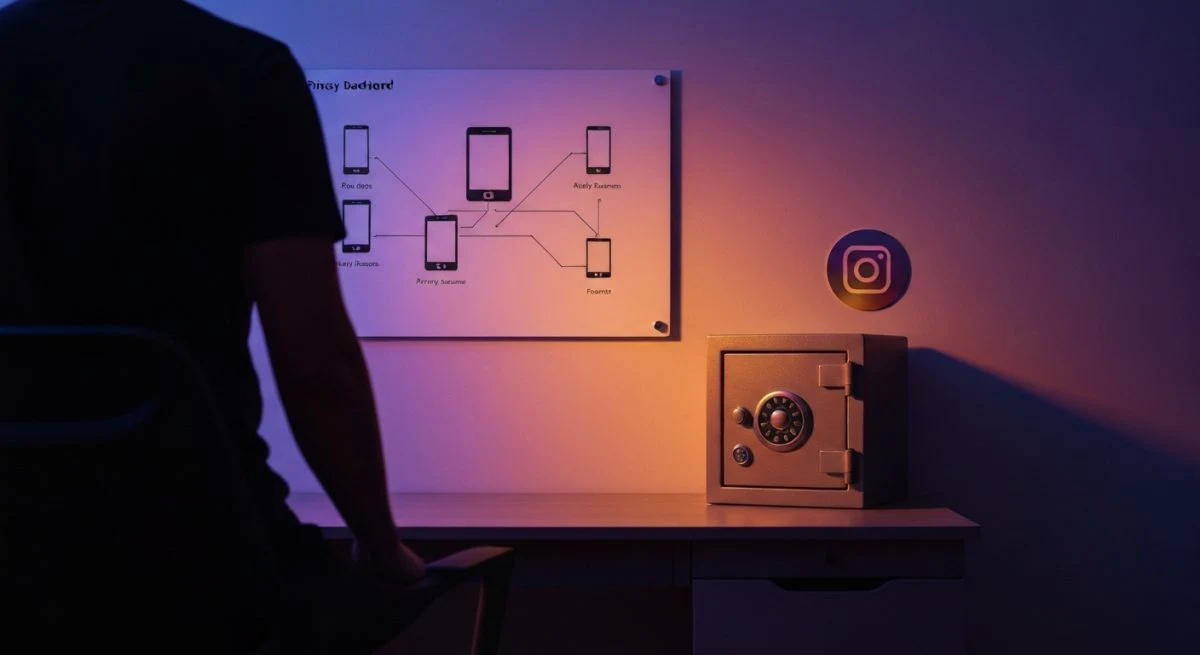 Persona de espaldas en oficina nocturna con caja fuerte Instagram