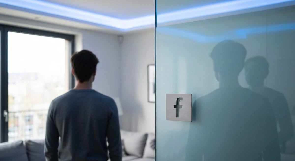 Persona de espaldas en sala moderna ante vidrio con Facebook