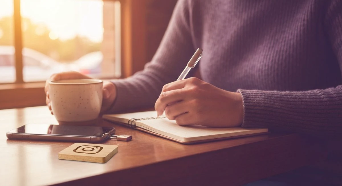 Persona en cafe acogedor escribe respuesta a elogios en Instagram