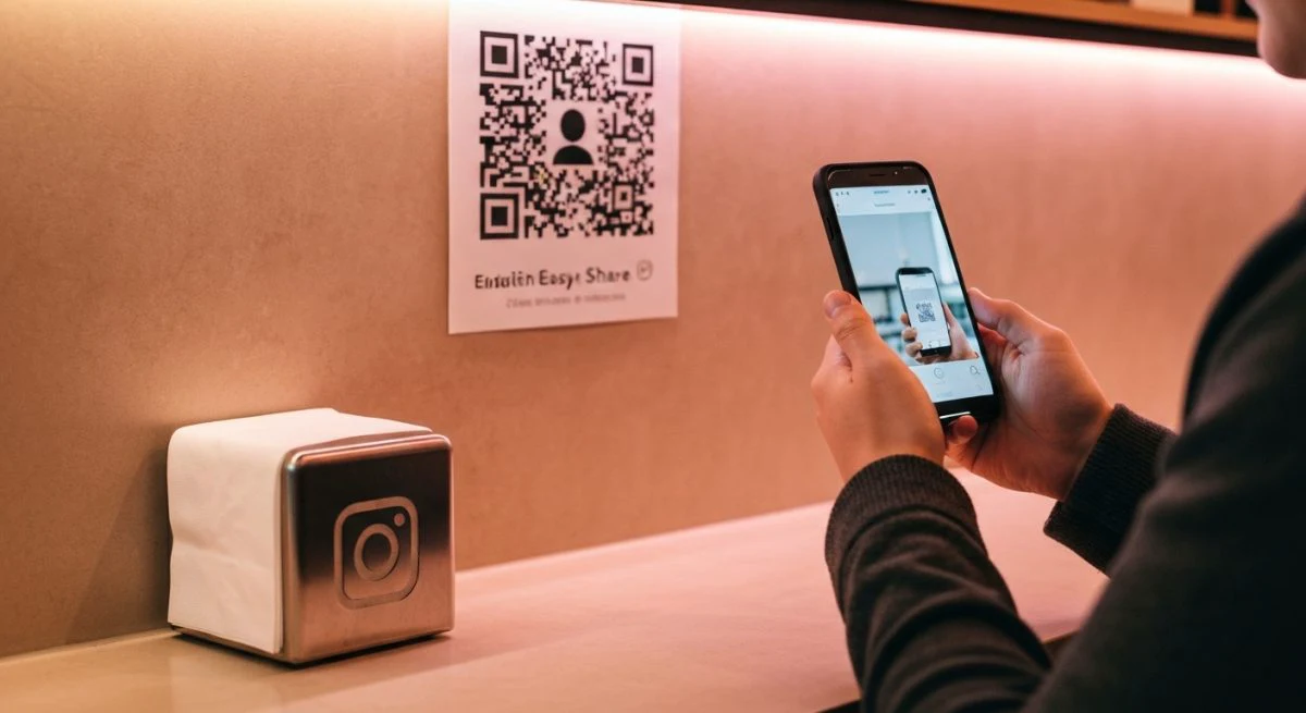 Persona en cafe contemporaneo escanea cartel codigo QR smartphone Instagram