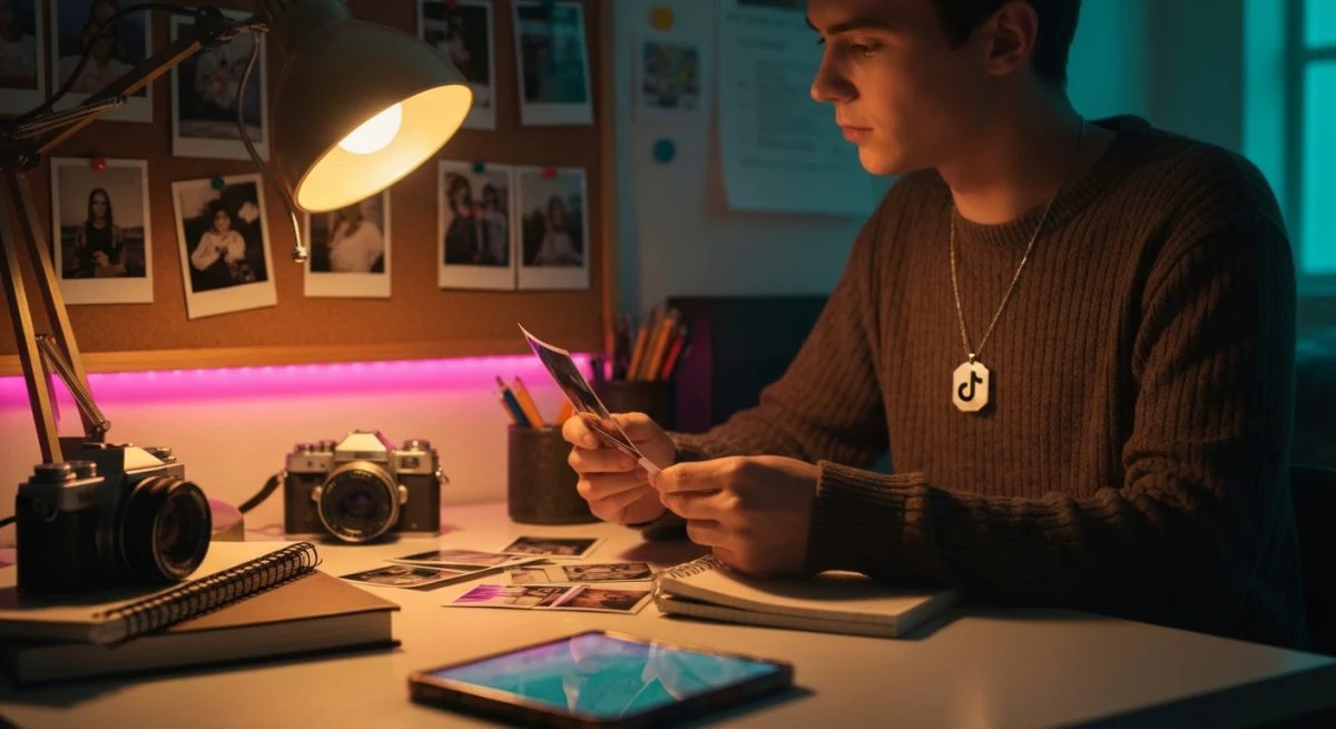Persona en dormitorio mira colgante TikTok y fotos Polaroid colgadas
