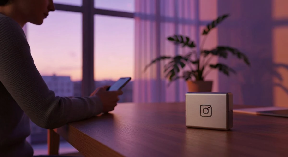 Persona en escritorio minimalista observa teléfono pantalla abajo caja Instagram