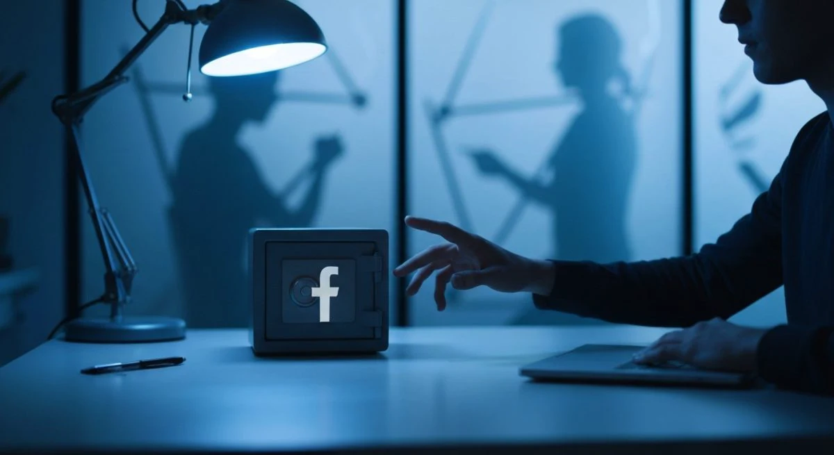 Persona en escritorio observa caja fuerte con logo de Facebook