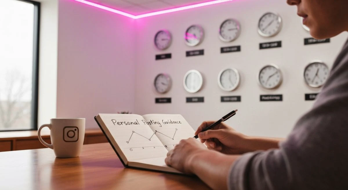 Persona en escritorio observa cuaderno grafico lineal y taza Instagram