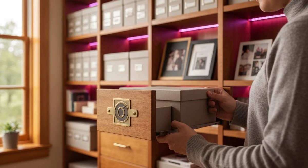 Persona en estudio hogareño levanta caja de memoria logotipo Instagram