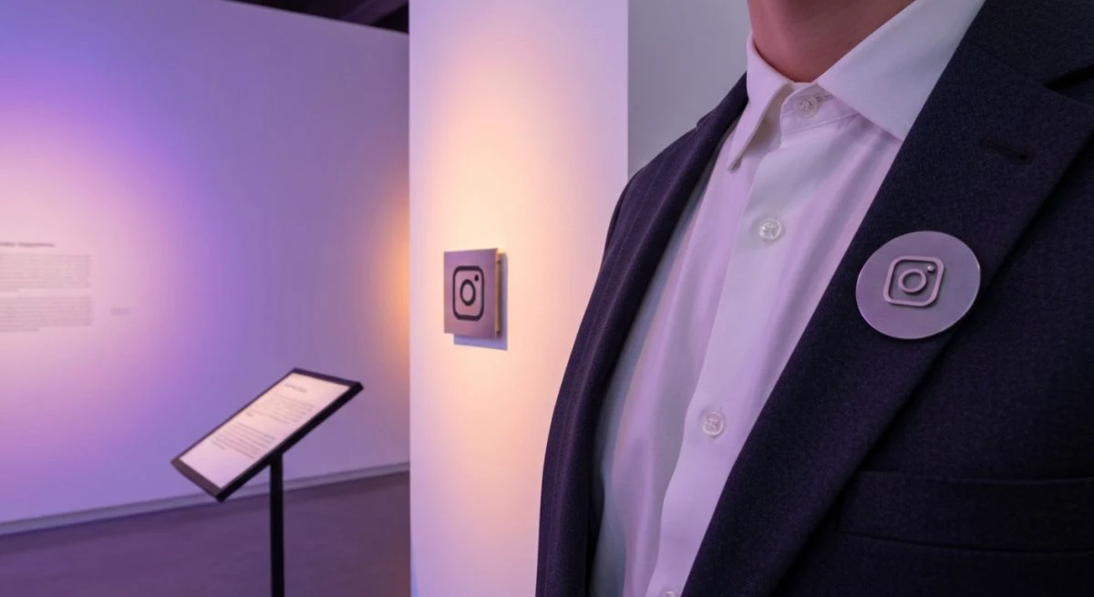 Persona en galería con blazer y pin circular Instagram logo