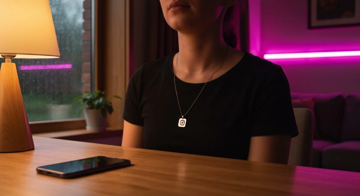 Persona en mesa de madera con colgante Instagram símbolo privacidad