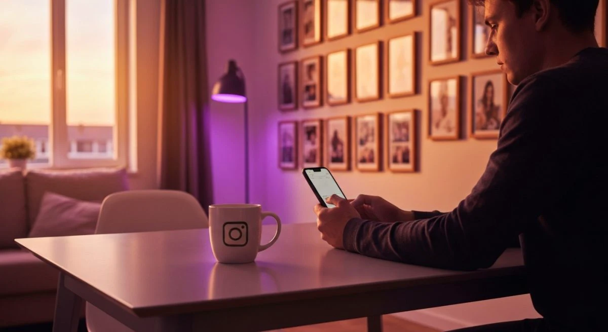 Persona en mesa moderna mira teléfono apagado silla vacía Instagram