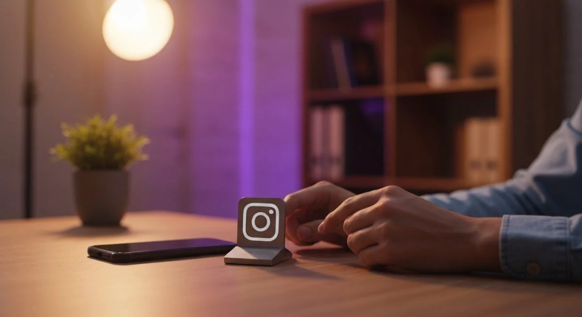 Persona en oficina casera teléfono boca abajo y soporte Instagram