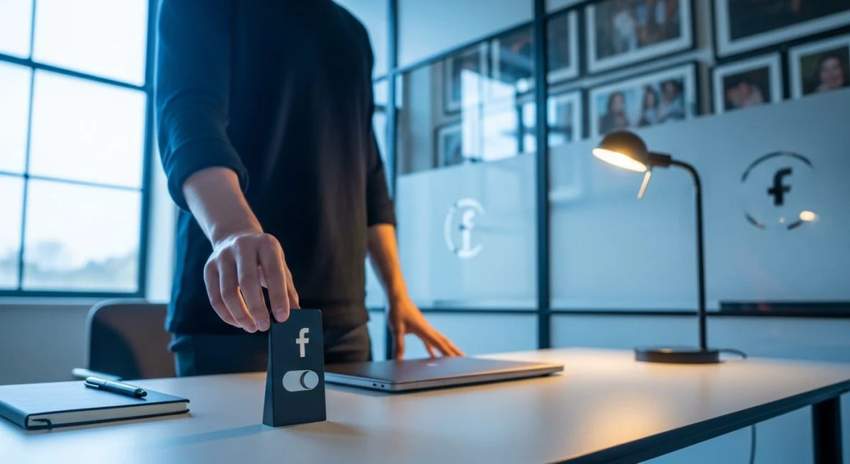 Persona en oficina minimalista ajusta interruptor de privacidad con Facebook
