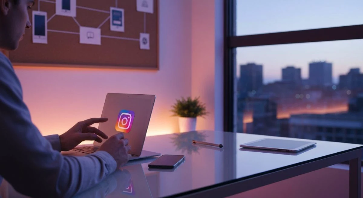 Persona en oficina minimalista con laptop Instagram pegatina revisando seguridad