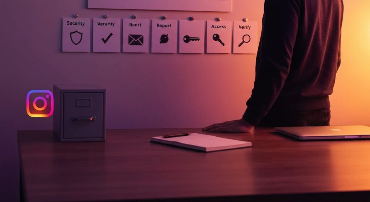 Persona en oficina minimalista junto a tablero de recuperación Instagram