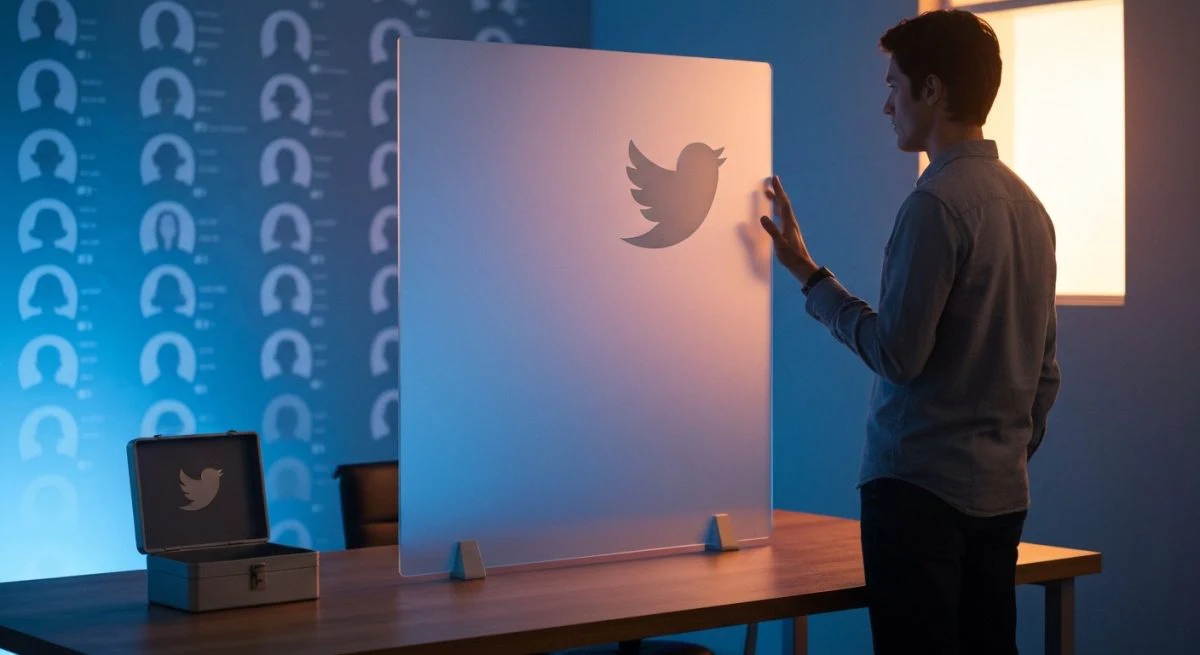 Persona en oficina moderna frente a vidrio esmerilado con Twitter