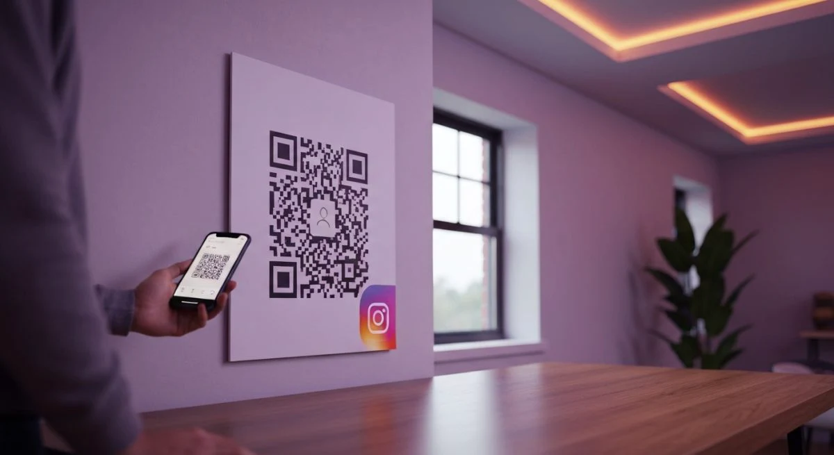 Persona en oficina moderna sostiene teléfono frente cartel QR Instagram