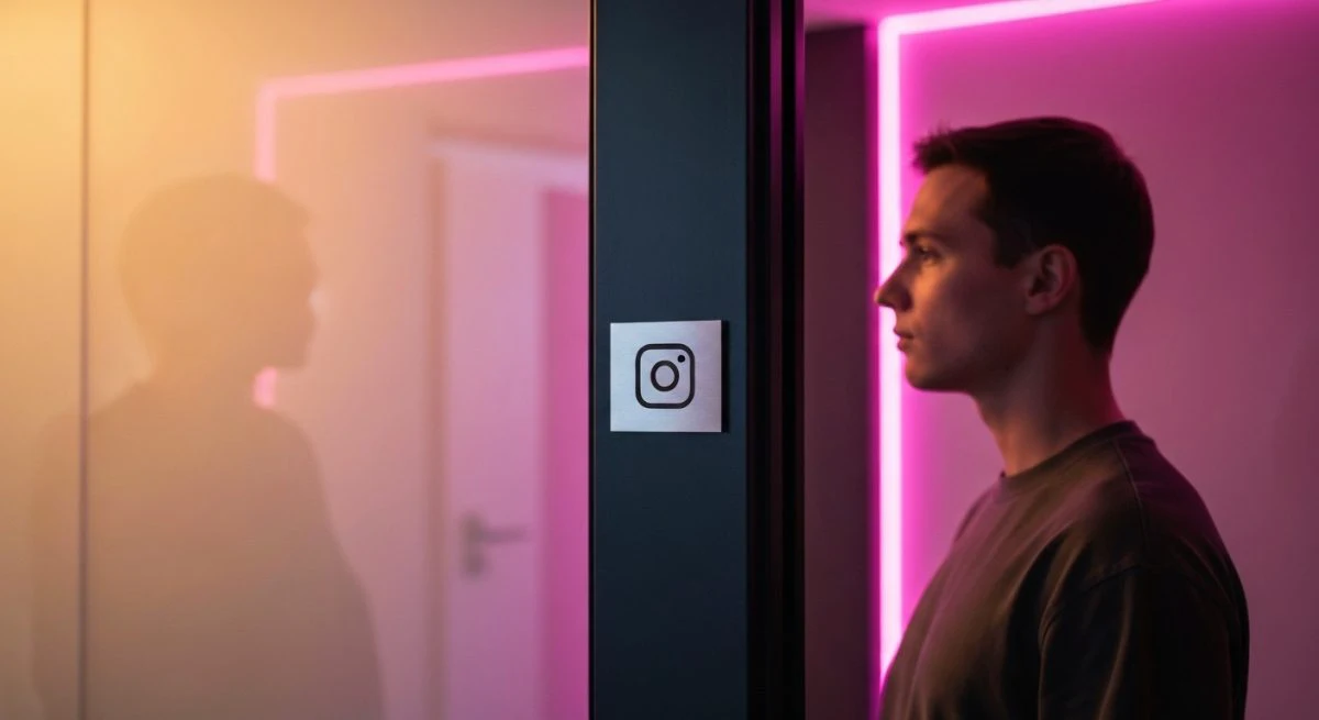 Persona en pasillo contemporaneo con vidrio esmerilado y placa Instagram