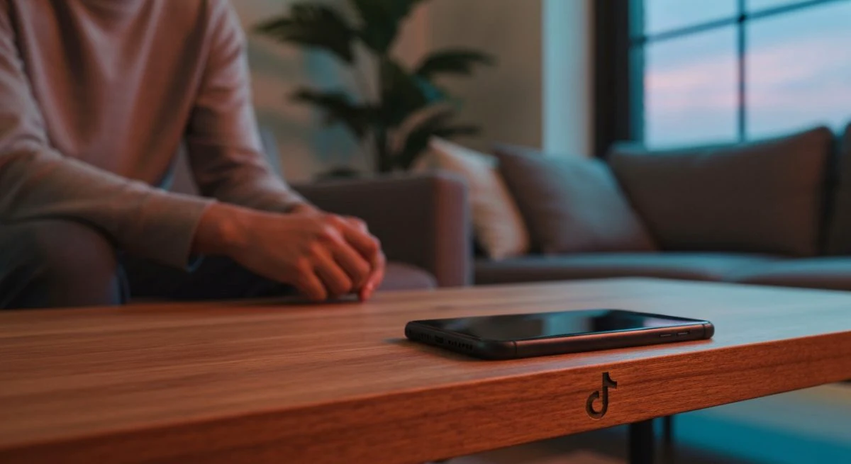 Persona en sala acogedora telefono sobre mesa con logo TikTok