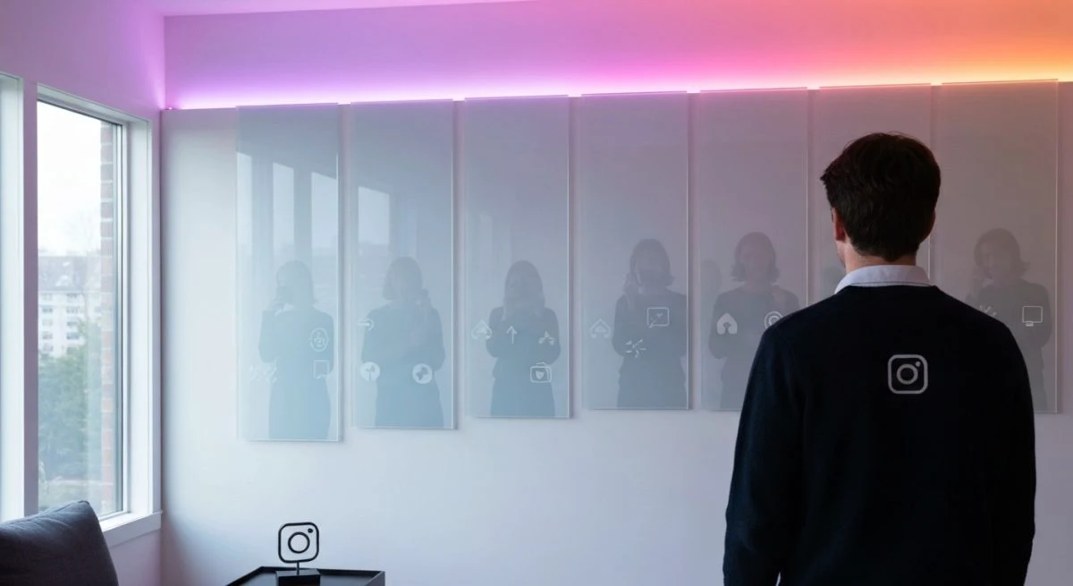 Persona en sala minimalista frente a paneles con simbolos Instagram