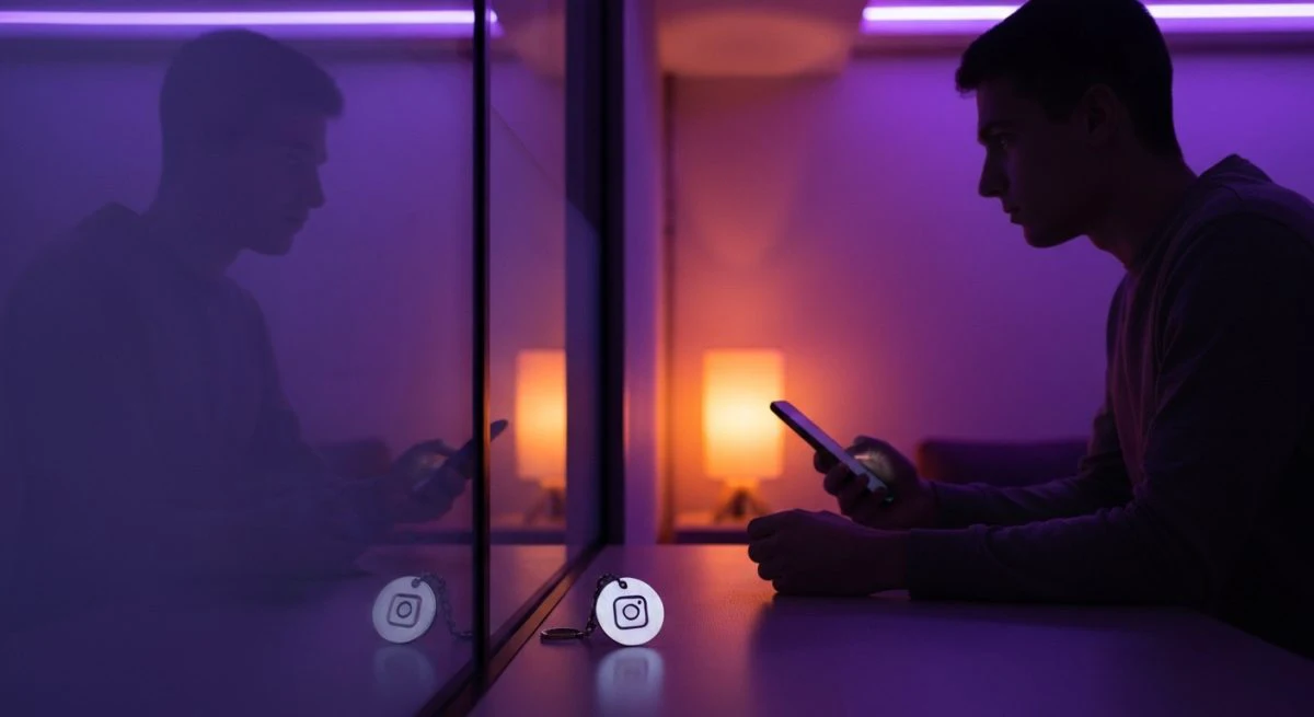Persona en sala oscura mirando smartphone junto llavero Instagram grabado