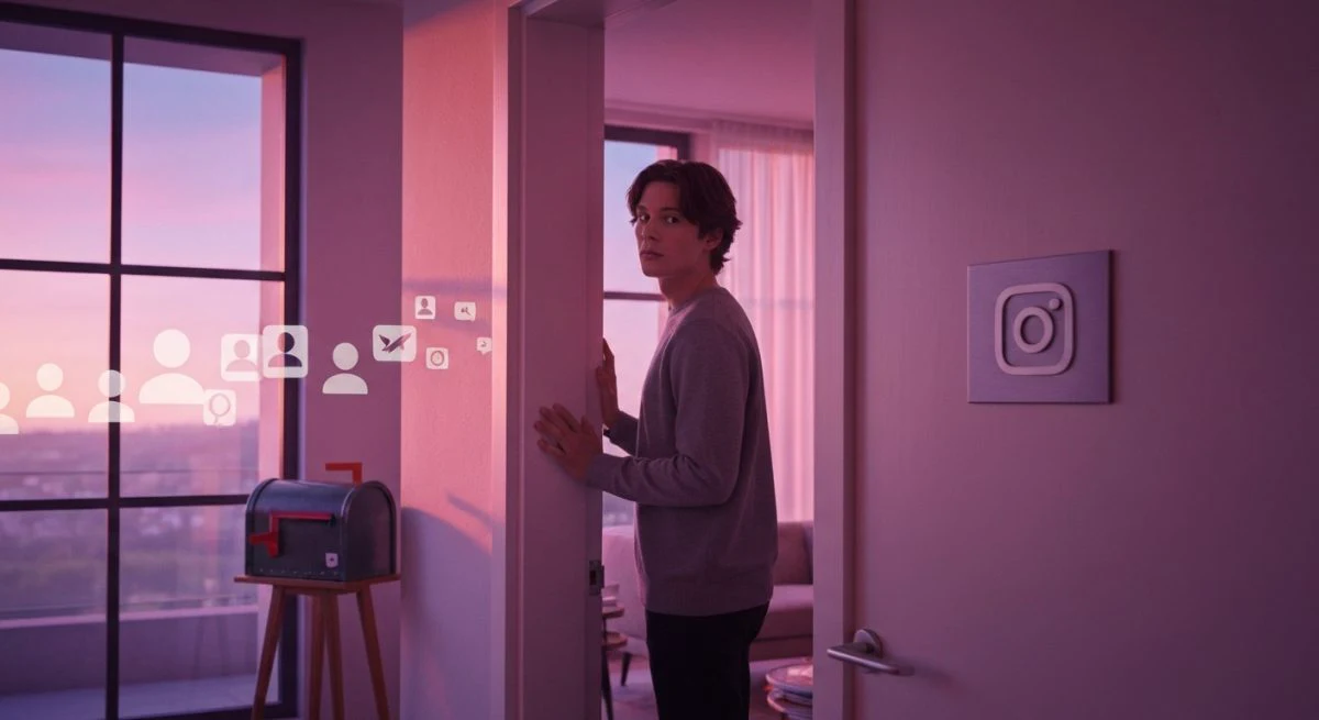 Persona en umbral de puerta moderna con logo Instagram visible