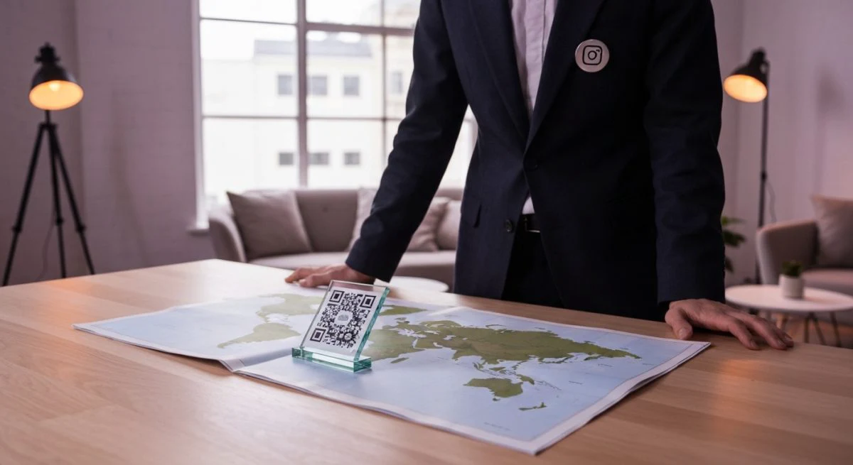 Persona estilizada con mapa mundial placa QR y pin Instagram