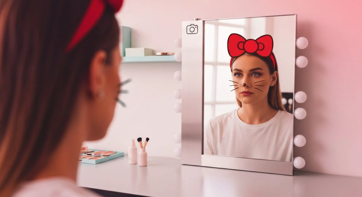 Persona frente a tocador iluminado con transformacion Hello Kitty reflejo