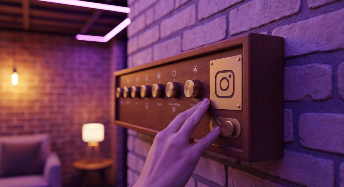 Persona frente consola vintage de madera activa notificaciones Instagram cámara
