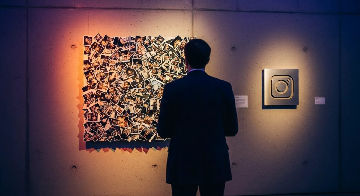 Persona observando arte abstracto en galería con logo de Instagram