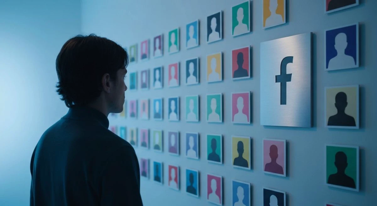 Persona observando muro de retratos Facebook con placa logo f