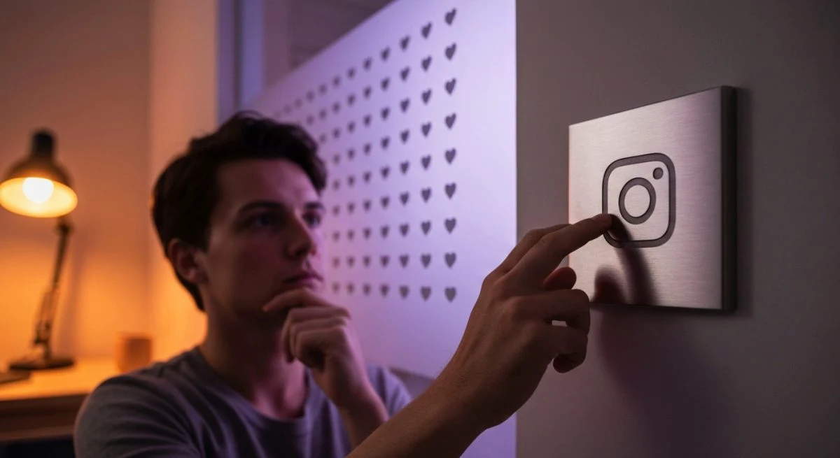 Persona pensativa en sala minimalista apaga interruptor Instagram logo grabado